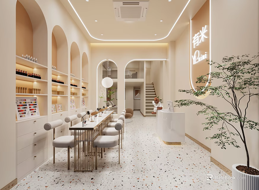 Modern Luxury Beauty Salon Interior With Curved Arches White Counter Tables Chairs And Green Plants 3d model 