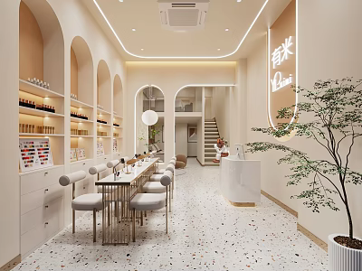 Modern Luxury Beauty Salon Interior With Curved Arches White Counter Tables Chairs And Green Plants 3d model
