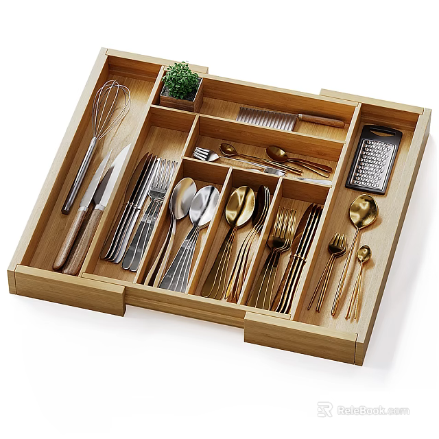 Wooden Drawer Organizer with Neatly Arranged Cutlery Set Including Knives Forks Spoons Whisk and Grater 3d model 