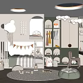 Kids Room Interior With Crib Storage Shelves Toys Rug Dollhouse Bunting And Pendant Lights