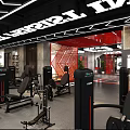 Modern Gym Interior With Treadmills Dumbbells Screens Showing Fitness Videos Red Black Decor And Plants