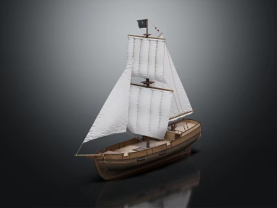 Wooden Sailing Ship Model With White Sails And Black Flag On Smooth Reflective Surface 3d model