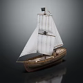 Wooden Sailing Ship Model With White Sails And Black Flag On Smooth Reflective Surface