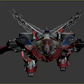 Red And Silver Mechanical Robot With Complex Armor And Weapon Standing Pose