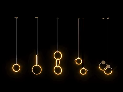 Modern Pendant Lights With Different Ring Designs And Warm Glow On Black Background 3d model
