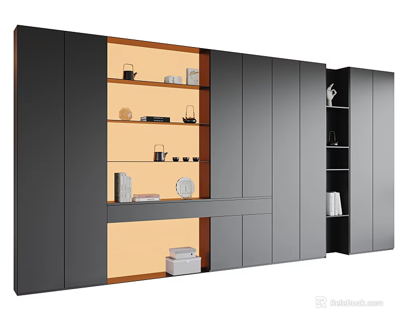 Modern Decorative Cabinet With Grey Wooden Panels And Open Storage Shelves 3d model 