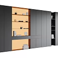 Modern Decorative Cabinet With Grey Wooden Panels And Open Storage Shelves