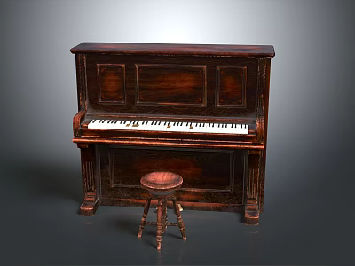 Elegant Brown Wooden Upright Piano With Round Stool For Classic Music Room 3d model