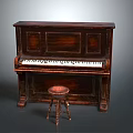 Elegant Brown Wooden Upright Piano With Round Stool For Classic Music Room