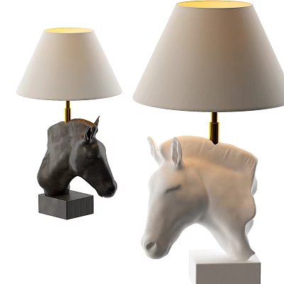 Unique Shaped Table Lamp with Animal Head Design Base Golden Post and Cream White Lampshade 3d model