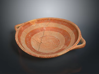 Traditional Hand Carved Sculpture Pottery Dish With Red And Brown Stripes And Two Handles 3d model