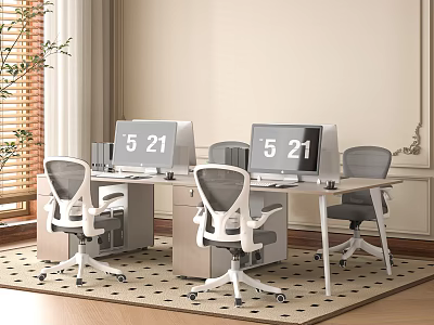 Modern White Office Desk Interior With Gray Mesh Chairs Monitors And Window Curtains 3d model