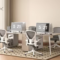 Modern White Office Desk Interior With Gray Mesh Chairs Monitors And Window Curtains