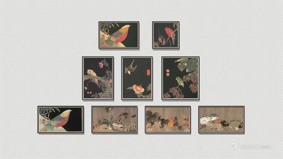 Traditional Oriental Framed Wall Art Featuring Birds Fish And Plant Designs For Home Decorative 3d model 
