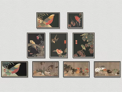 Traditional Oriental Framed Wall Art Featuring Birds Fish And Plant Designs For Home Decorative 3d model