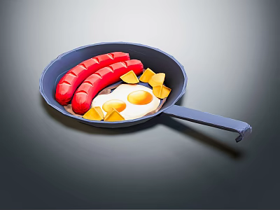 Blue Frying Pan With Red Sausages Fried Egg And Yellow Potato Chunks 3d model