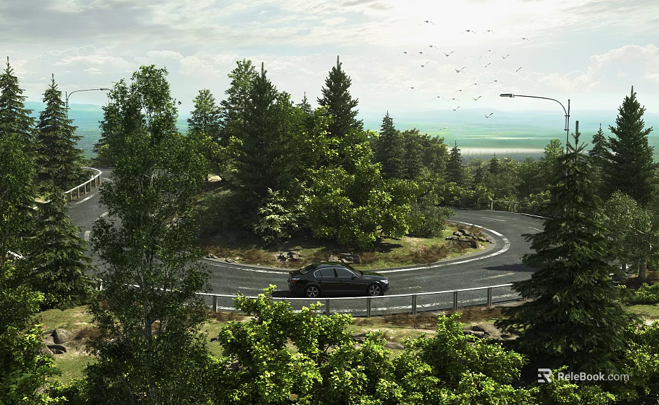 Curved Road Infrastructure With Street Lamps Trees And Black Car In Natural Surroundings 3d model 