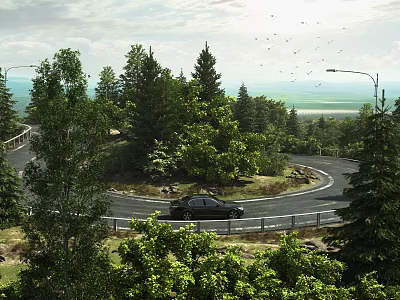 Curved Road Infrastructure With Street Lamps Trees And Black Car In Natural Surroundings 3d model
