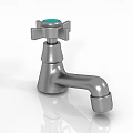 Three Metal Kitchen Faucets with Blue and Red Knobs on White Surface