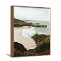 Scenic Coastal Landscape Painting With Sandy Beach Rolling Waves And Green Hills