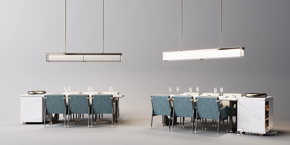 Modern Rectangular Dining Table Set with Blue Chairs and Pendant Lights 3d model