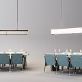Modern Rectangular Dining Table Set with Blue Chairs and Pendant Lights 3d model
