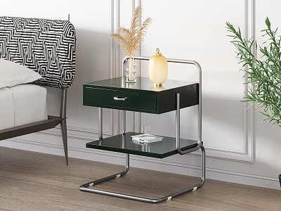 Modern Green Bedside Table With Metal Frame Single Drawer Glass Shelf And Vase 3d model