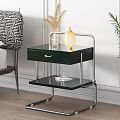 Modern Green Bedside Table With Metal Frame Single Drawer Glass Shelf And Vase