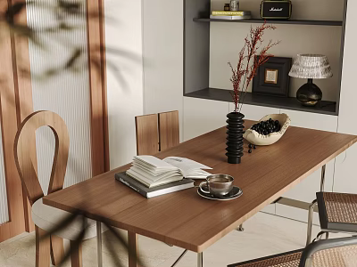 Modern Wooden Dining Table Set With Chairs Open Book Coffee Cup And Decorative Shelves 3d model