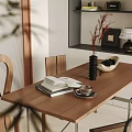 Modern Wooden Dining Table Set With Chairs Open Book Coffee Cup And Decorative Shelves