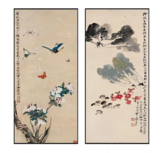 New Chinese Plant Painting Elegant Zen Flower, Bird, Fruit and Vegetable Pattern Hanging Painting Combination 3d model
