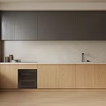 Modern Kitchen With Dark Gray Upper And Light Wood Lower Cabinets Stone Countertop Sink Faucet