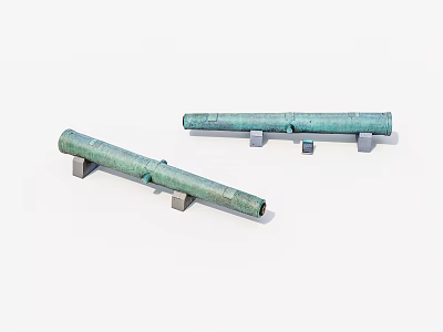 Ancient Bronze Cannons As Historical Weapons With Green Patina And Metal Mounts 3d model