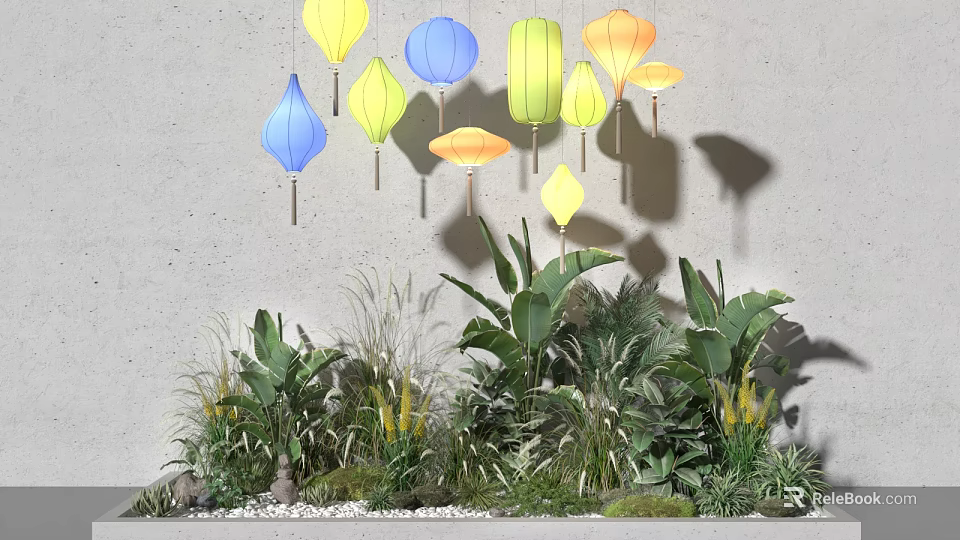 Lush Green Plants With Yellow Blooms And Hanging Colorful Lanterns Against Gray Wall 3d model 