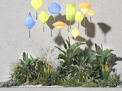 Lush Green Plants With Yellow Blooms And Hanging Colorful Lanterns Against Gray Wall 3d model