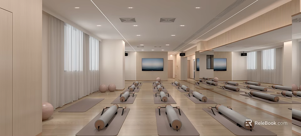 Bright Yoga Studio With Arranged Yoga Mats Foam Rollers TV Screens And Mirrors 3d model 
