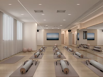 Bright Yoga Studio With Arranged Yoga Mats Foam Rollers TV Screens And Mirrors 3d model