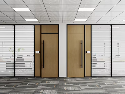 Modern Office Interior Glass Partition Design With Wooden Doors And Workspace 3d model