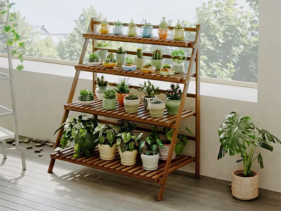 Wooden Multi Tier Plant Stand Displaying Various Potted Succulents And Green Plants 3d model