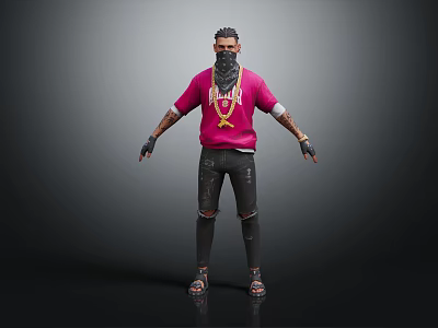 Man Wearing Red T Shirt Black Mask Gold Necklace Ripped Jeans And Sandals Standing 3d model