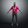 Man Wearing Red T Shirt Black Mask Gold Necklace Ripped Jeans And Sandals Standing
