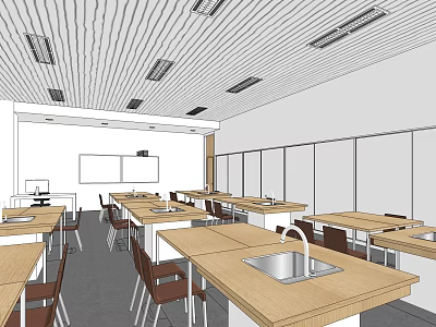 School Science Lab Interior With Wooden Tables Sink Desks White Walls And Ceiling Lights 3d model