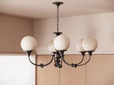 Black Frame Chandelier With White Spherical Shades In Room With Wooden Cabinets And Blinds 3d model