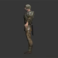 Detailed 3D Military Character With Green Shoulder Armor And Camouflage Uniform Standing Pose