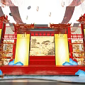 Chinese Style Stage Decorated With Hanging Lanterns Landscape Painting Red Carpet Golden Pillars And Mist