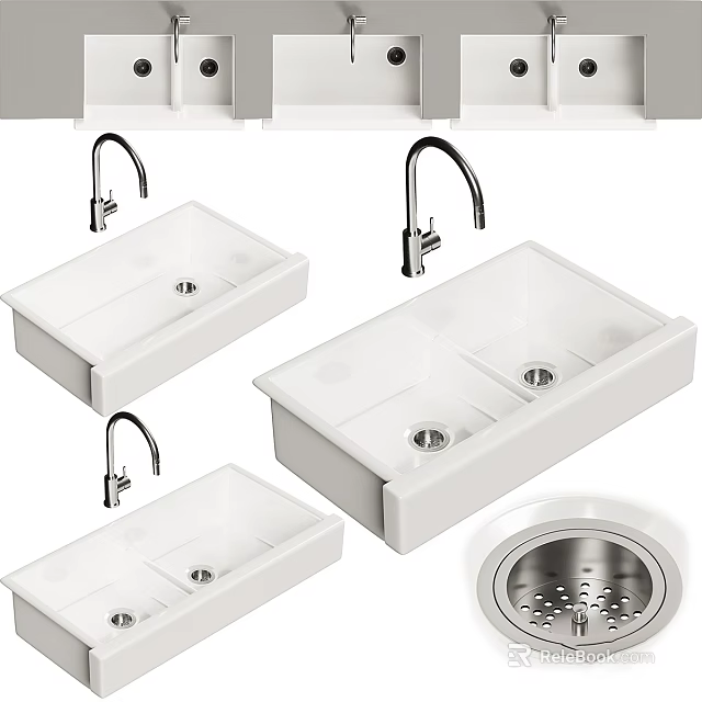 Modern White Kitchen Sink With Single And Double Bowl Design And Faucet Drain 3d model 