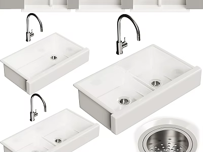 Modern White Kitchen Sink With Single And Double Bowl Design And Faucet Drain 3d model
