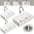 Modern White Kitchen Sink With Single And Double Bowl Design And Faucet Drain