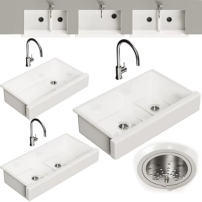 Modern White Kitchen Sink With Single And Double Bowl Design And Faucet Drain 3d model