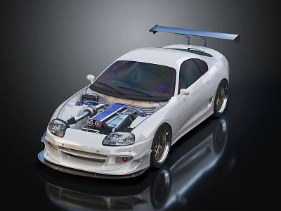 White Modified Sports Car With Open Hood Exposed Engine And Rear Spoiler 3d model